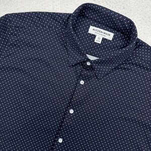 Mizzen+Main Short Sleeve Button Up Shirt Men XXL Trim Navy Blue Polka Dot EUC
